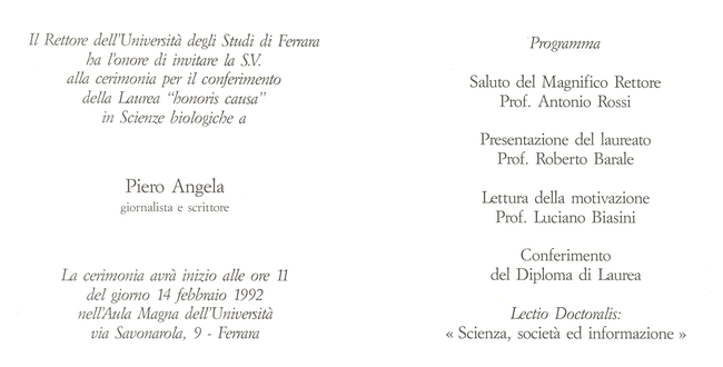 Programma laurea honoris causa Piero Angela