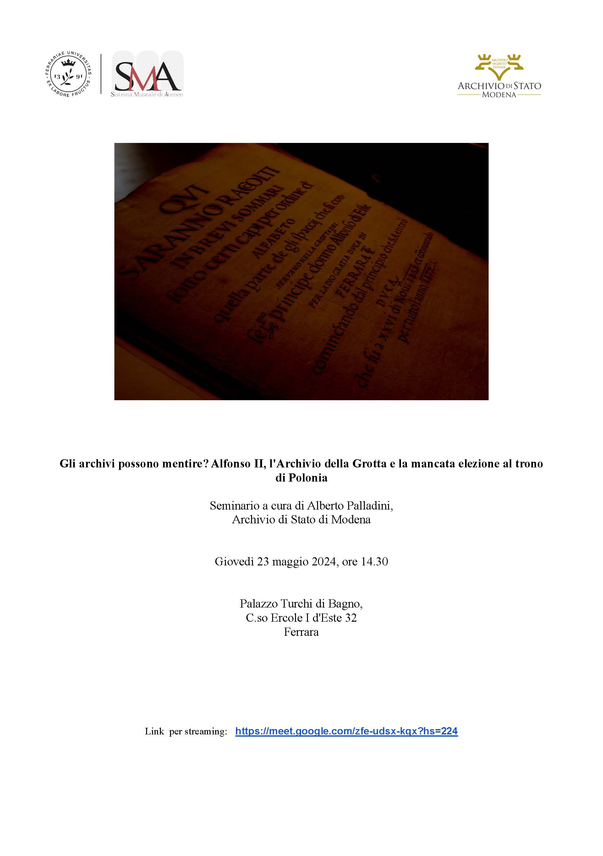 Seminario Dott Palladini  _ Giovedì 23 maggio 2024,     ore 14.30  Palazzo Turchi di Bagno, C.so Ercole I d'Este 32 Ferrara