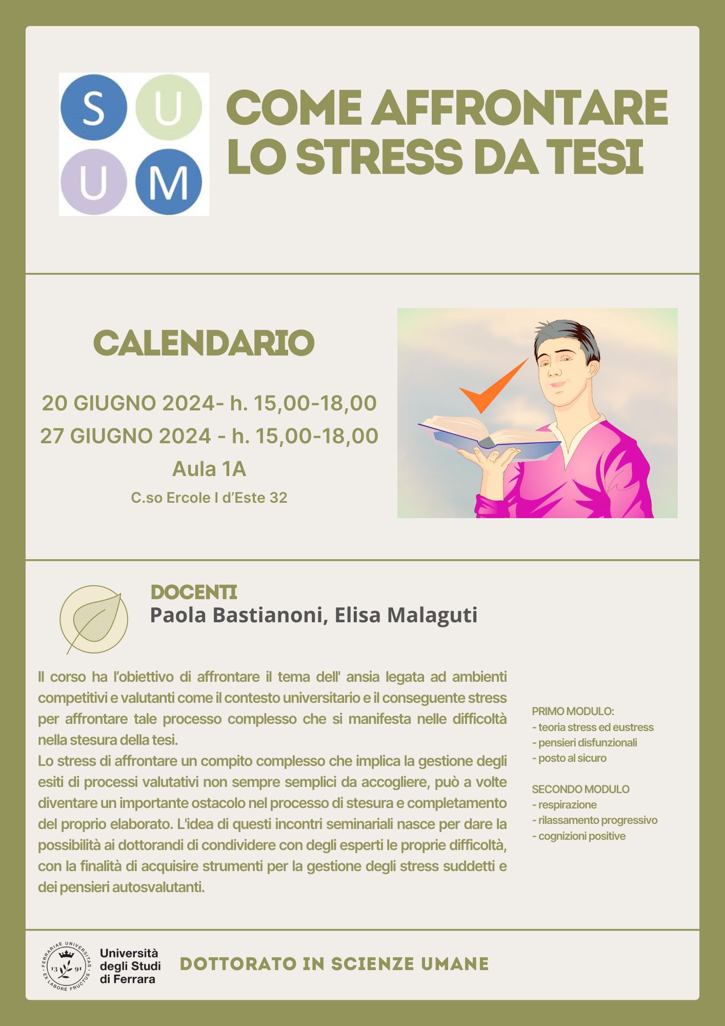 20 e 27 giugno 2024 | Corso "Come affrontare lo stress da tesi" 