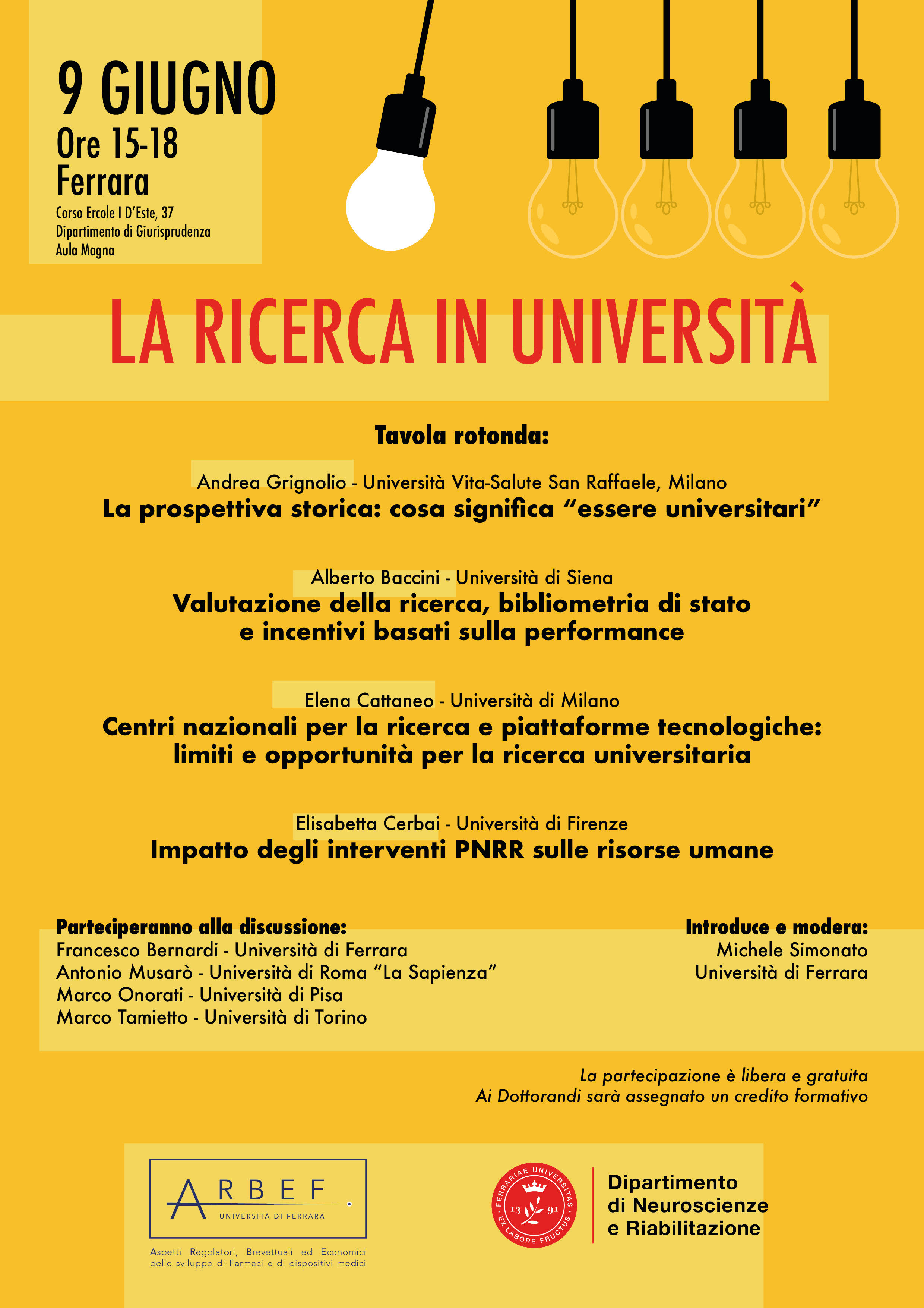 Tavola rotonda "La ricerca in università", 9 giugno ore 15.00, Aula Magna Dip. Giurisprudenza