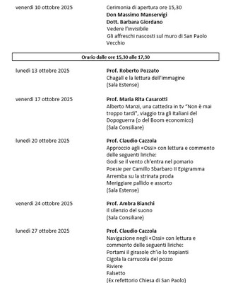 CALENDARIO LEZIONI DAL 10/10/25AL 27/10/25