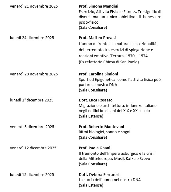 CALENDARIO LEZIONI DAL 21/11/25 AL 15/12/25