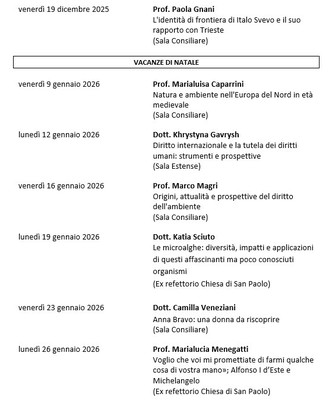CALENDARIO LEZIONI DAL 19/12/25 AL 26/1/26