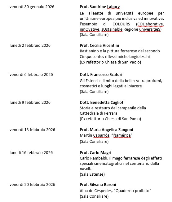 CALENDARIO LEZIONI DAL 30/1/26 AL 20/2/26