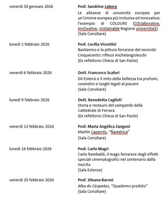 CALENDARIO LEZIONI DAL 30/1/26 AL 20/2/26