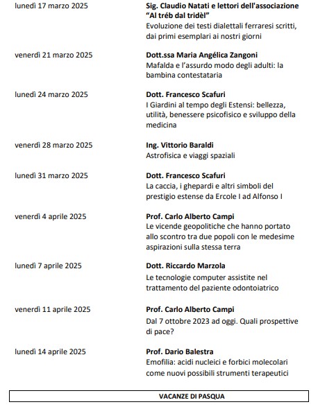 CALENDARIO LEZIONI DAL 17/3/25 AL 14/4/25